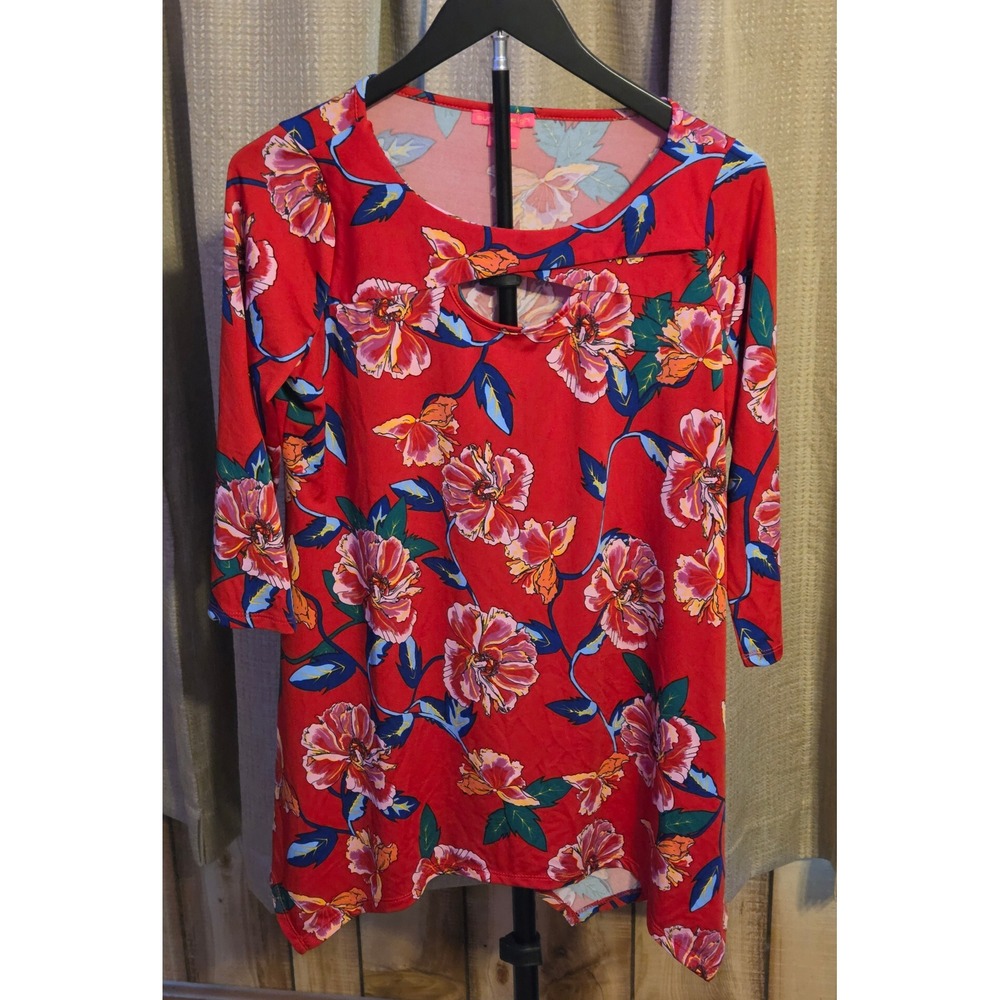 Sunny Leigh‎ Crossed Neck Detail Floral Blouse Women's Size Medium Red